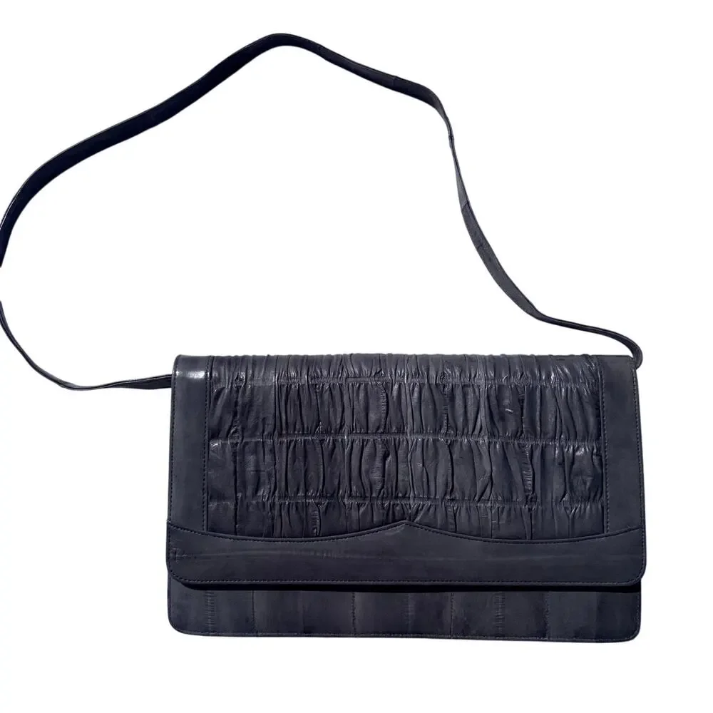 Vintage Genuine Eel Skin Ruched Envelope Clutch Handbag Gray Convertible Strap - Picture 2 of 10